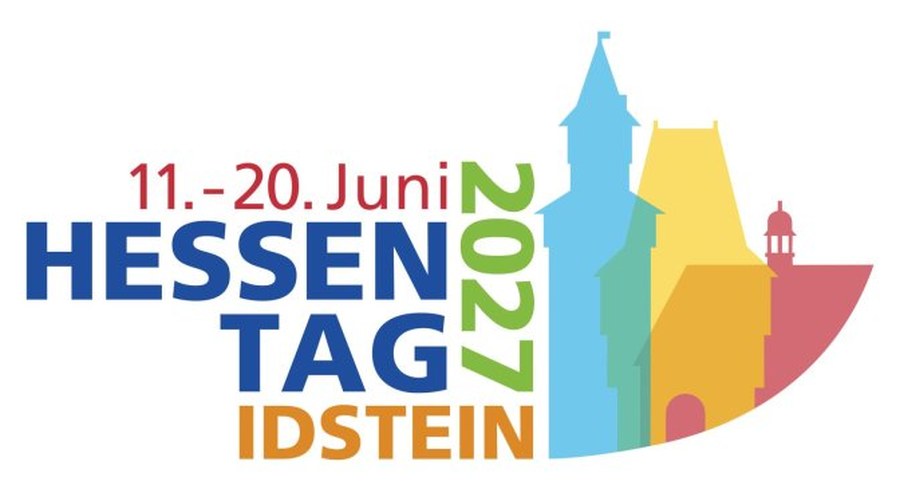 Logo des Hessentags 2027 in Idstein mit Hexenturm, Kanzleitor und Rathaus sowie dem Termin 11. bis 20. Juni